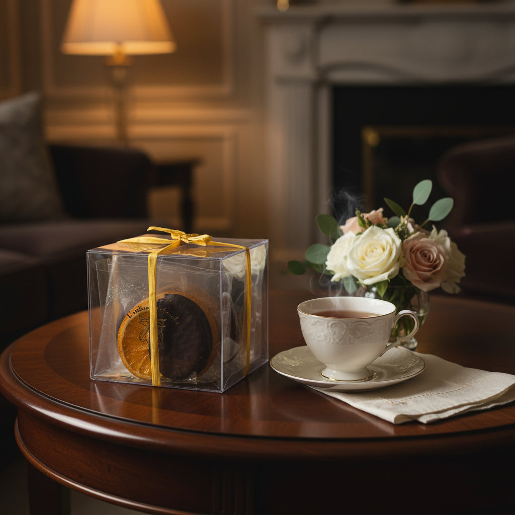 Slices of orange confit dipped in dark chocolate